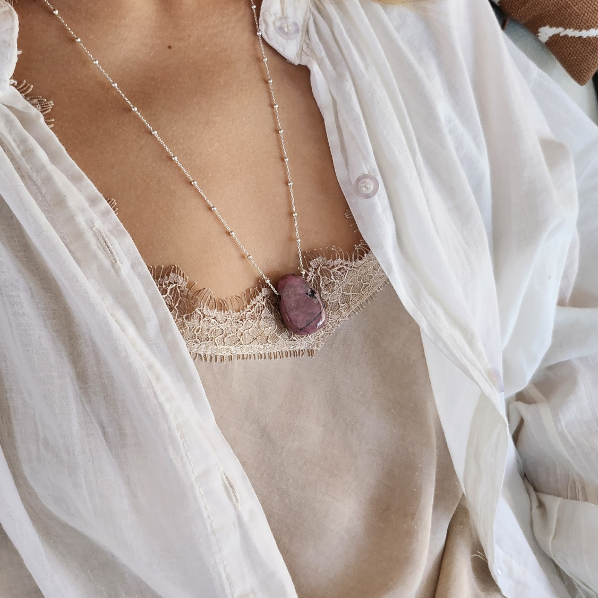 Collier Pierre percée Rhodonite