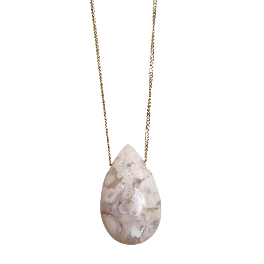 Collier Goutte Agate fleur de Cerisier