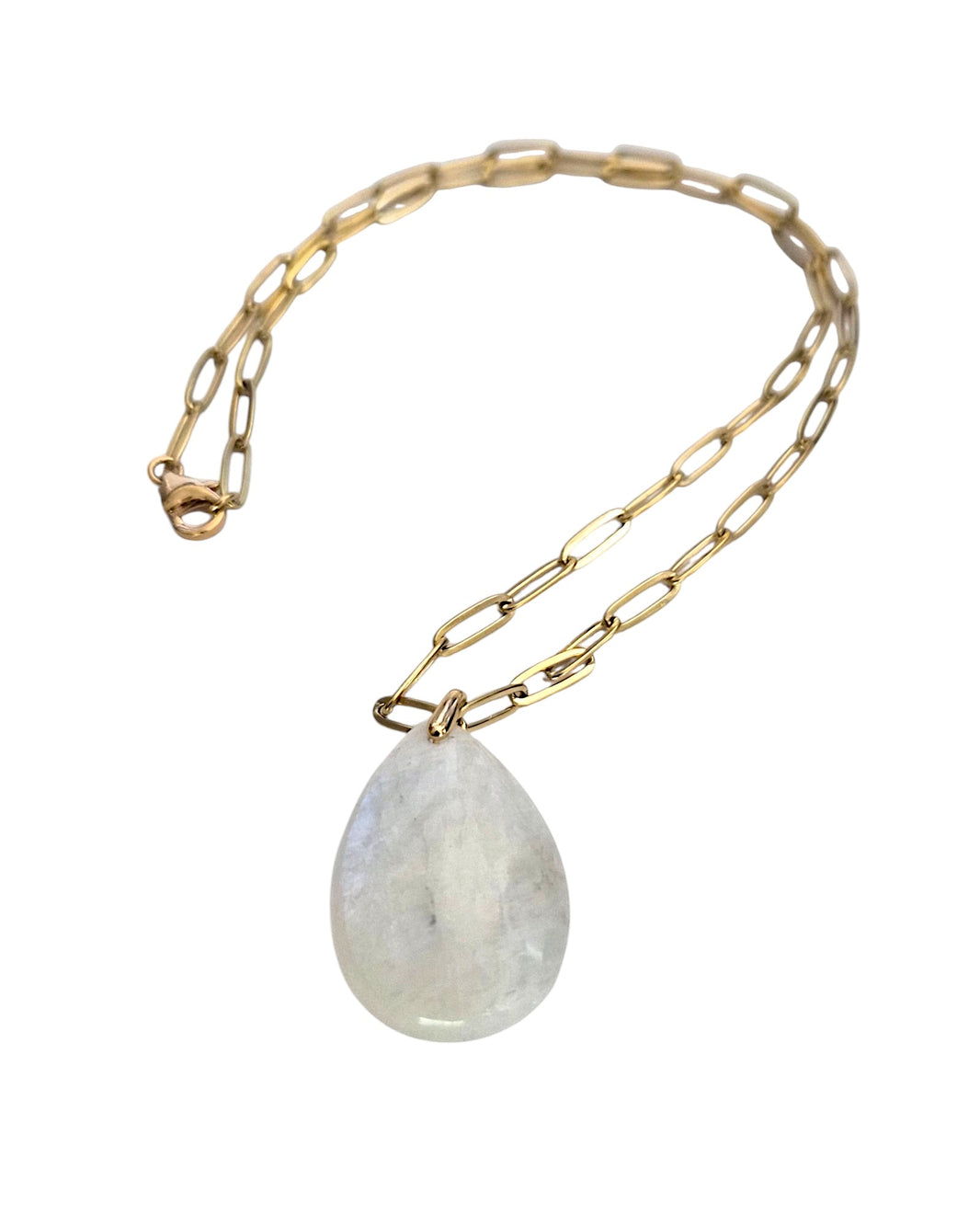 Collier chaîne trombone doré & goutte pierre de lune blanche