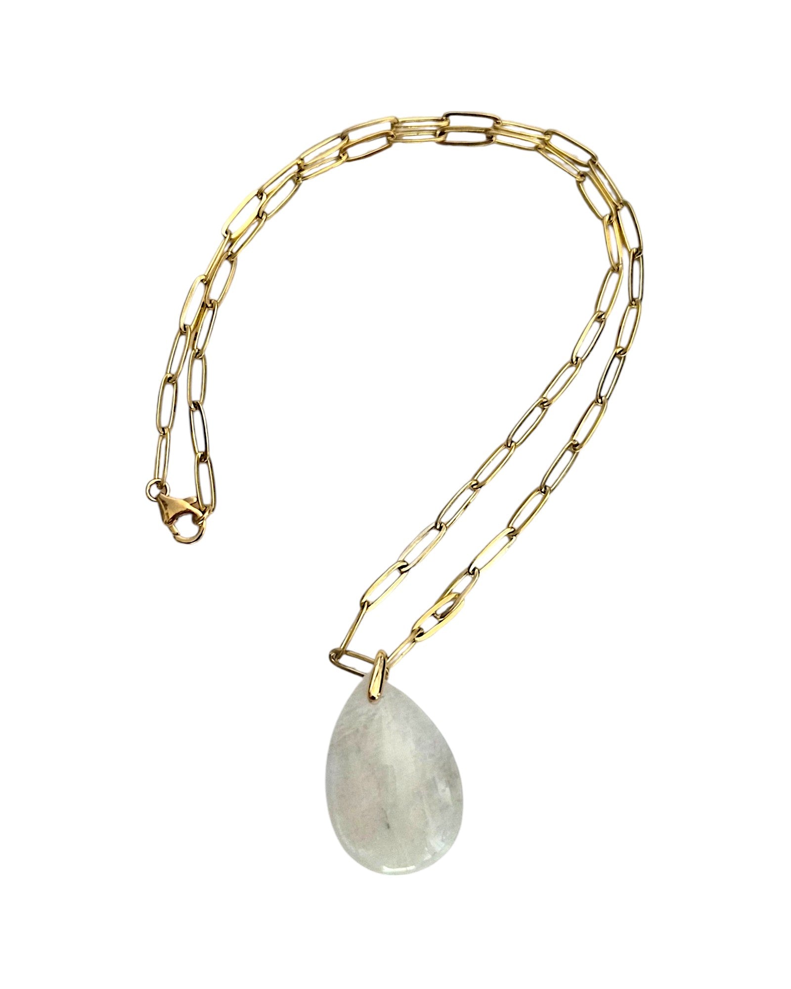 Collier chaîne trombone doré & goutte pierre de lune blanche