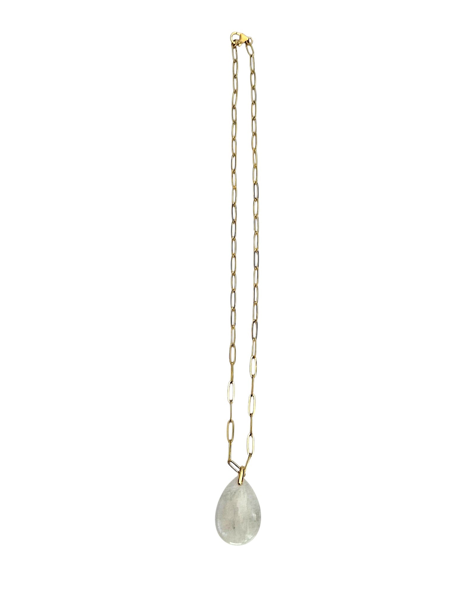 Collier chaîne trombone doré & goutte pierre de lune blanche