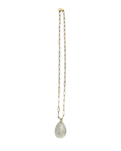 Collier chaîne trombone doré & goutte pierre de lune blanche