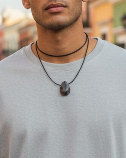 Collier Homme en Chiastolite – Pendentif Pierre Percée à la Croix Naturelle