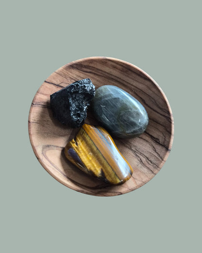 Pochon Protection – Œil de Tigre, Tourmaline Noire & Labradorite