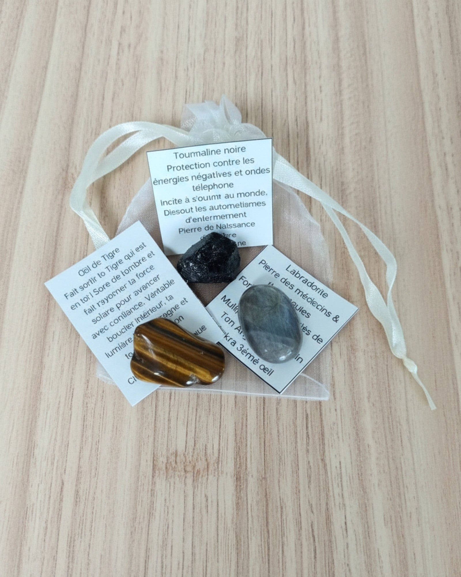 Pochon Protection – Œil de Tigre, Tourmaline Noire & Labradorite