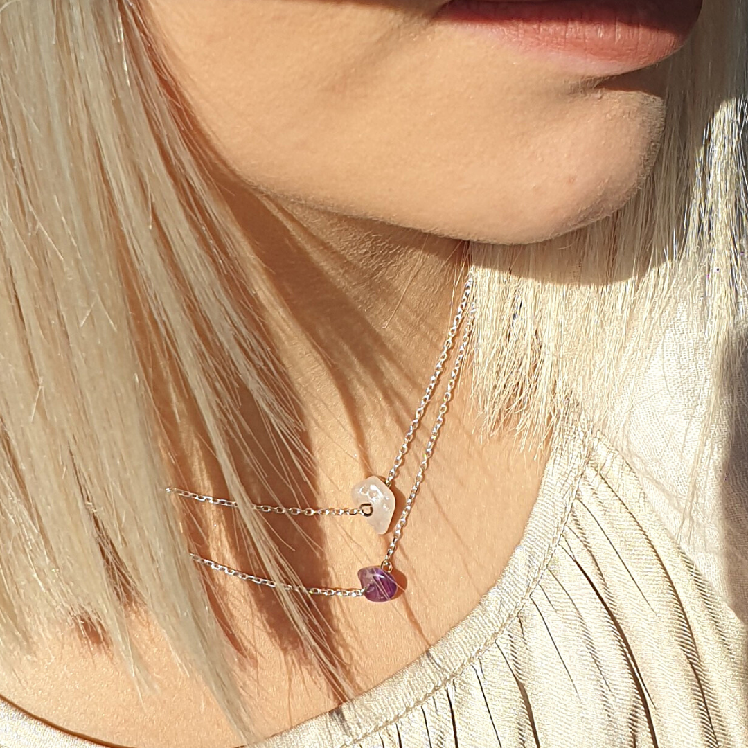 Collier Caillou Quartz rose argent